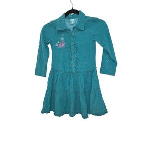 Pumkin Girls Teal Corduroy Ruffled Long Sleeve Dress W/ Embroidered Flowers Size